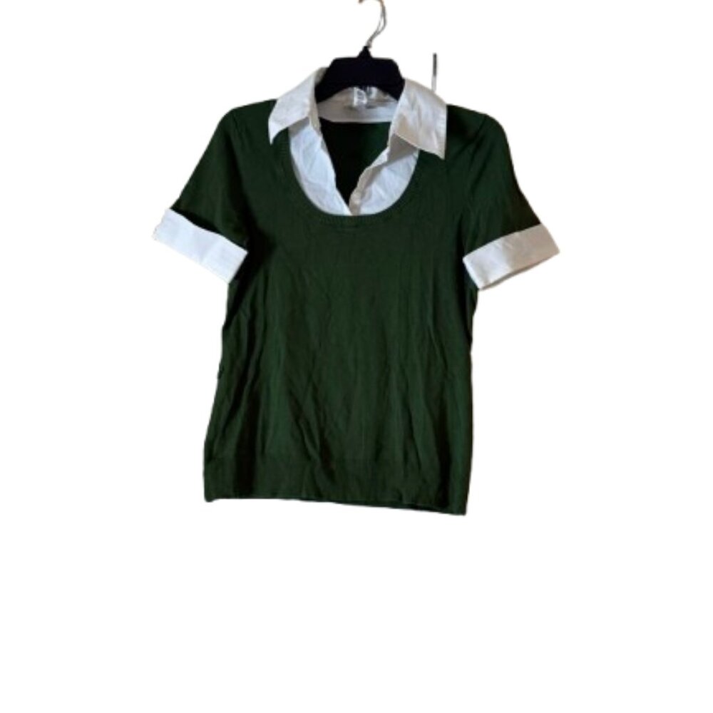 Loft Green & White Collared 2Fer Sweater - Medium